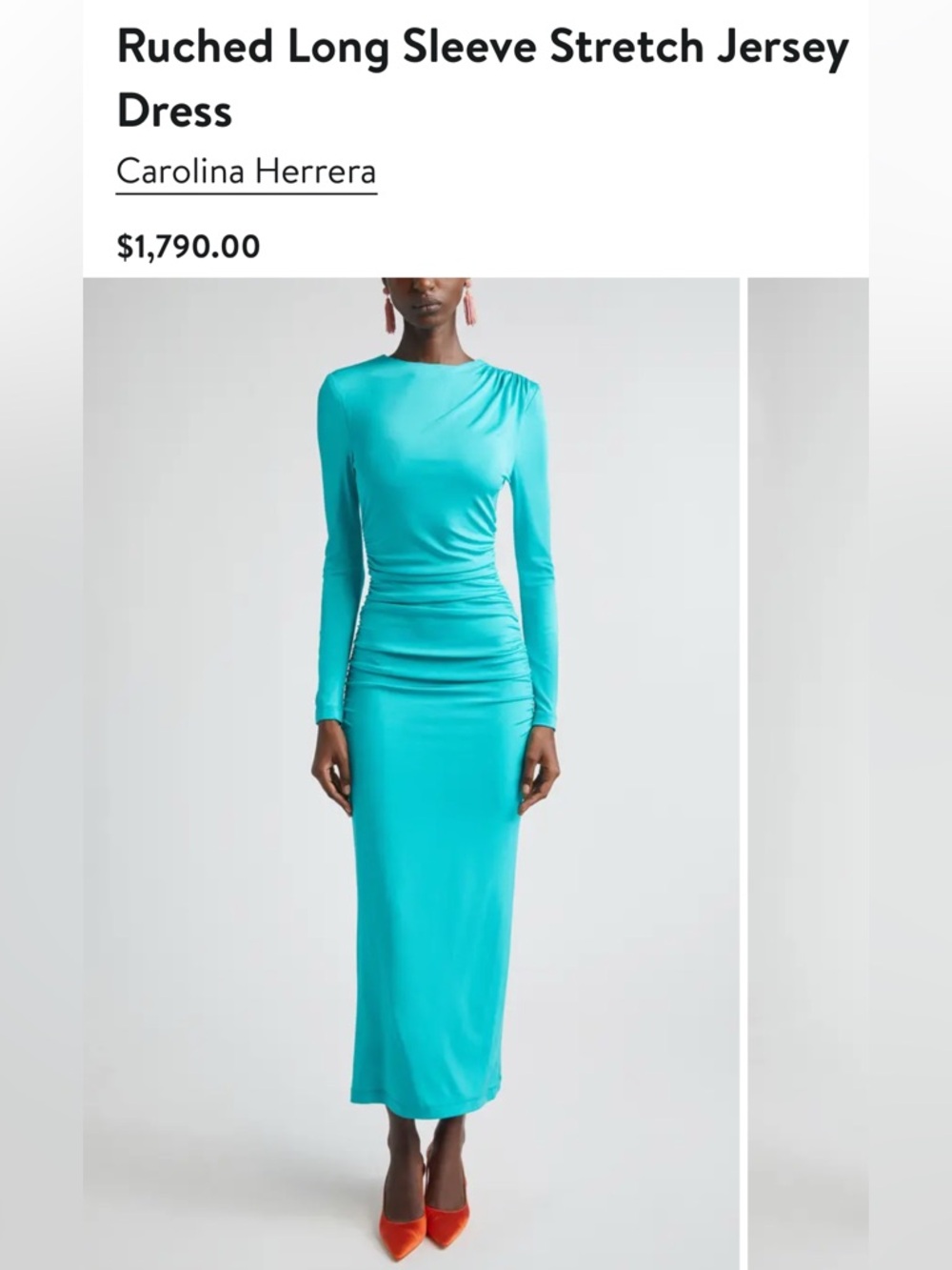 Carolina Herrera Turquoise Long Sleeve Ruched Jersey Dress Sz S - NWT $1,790
